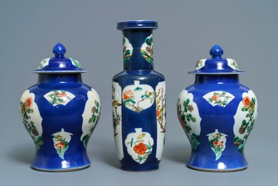 Three Chinese famille verte on powder blue-ground vases, 19th C.
