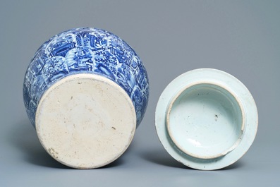 A large Chinese blue and white vase and cover, Kangxi