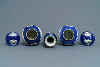 Three Chinese famille verte on powder blue-ground vases, 19th C.
