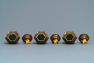 A polychrome Dutch Delft five-piece 'capucin brown-ground' garniture, 18th C.