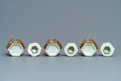 A polychrome Dutch Delft five-piece 'capucin brown-ground' garniture, 18th C.