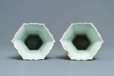 A polychrome Dutch Delft five-piece 'capucin brown-ground' garniture, 18th C.