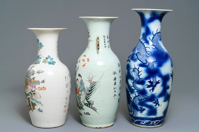 Drie Chinese blauwwitte en qianjiang cai vazen, 19/20e eeuw
