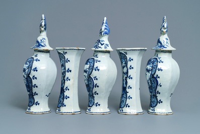 A Dutch Delft blue and white five-piece garniture with pastoral design, 18th C.