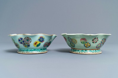 A pair of Chinese famille rose jardini&egrave;res and two celadon bowls, 19th C.
