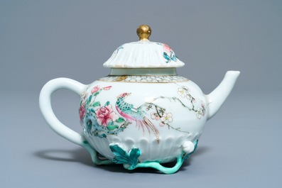 A Chinese famille rose helmet-shaped jug and a relief-decorated teapot, Yongzheng