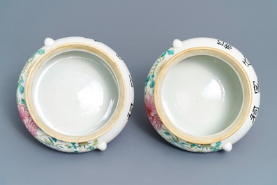 A pair of large Chinese famille rose tripod warming bowls and covers, 19/20th C.