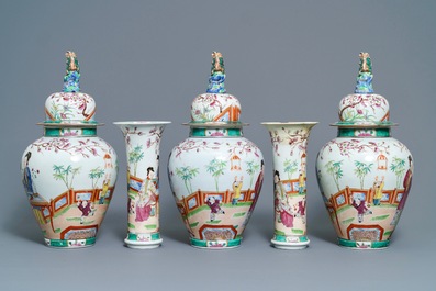 A Bayeux famille rose-style five-piece chinoiserie garniture, France, 19th C.