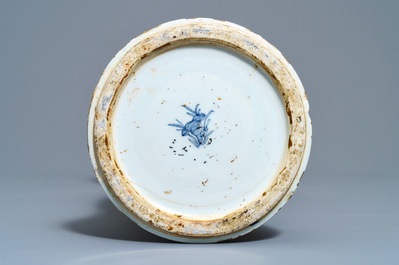 A Chinese blue and white vase with European clobbered decoration, Kangxi