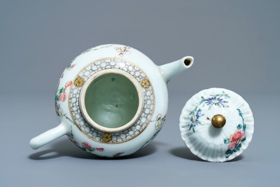 A Chinese famille rose helmet-shaped jug and a relief-decorated teapot, Yongzheng