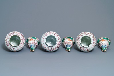 A Bayeux famille rose-style five-piece chinoiserie garniture, France, 19th C.