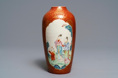 A Chinese famille rose gilt coral-ground eggshell vase, Yongzheng