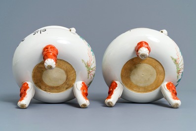 A pair of large Chinese famille rose tripod warming bowls and covers, 19/20th C.