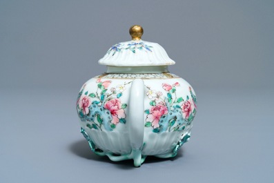 A Chinese famille rose helmet-shaped jug and a relief-decorated teapot, Yongzheng