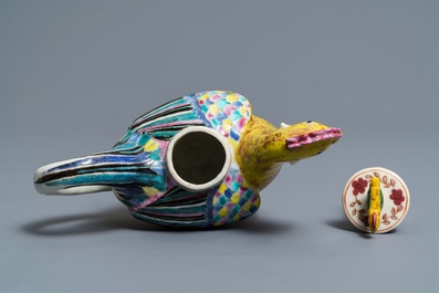 A Chinese famille rose cockerel wine pot and cover, Qianlong