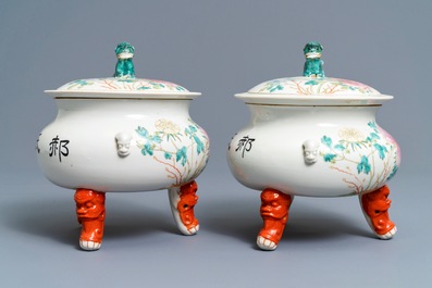 A pair of large Chinese famille rose tripod warming bowls and covers, 19/20th C.