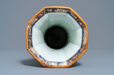 A Chinese blue and white vase with European clobbered decoration, Kangxi