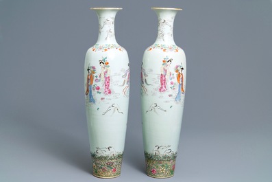 A pair of large Chinese famille rose 'immortals and cranes' vases, Republic, 20th C.
