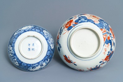 Four Chinese Canton famille rose, Imari-style and blue and white bowls, 18/19th C.