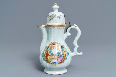 A Chinese silver-mounted famille rose coffee jug, Qianlong