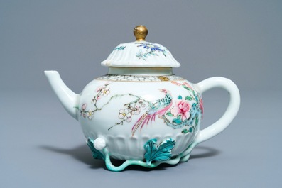 A Chinese famille rose helmet-shaped jug and a relief-decorated teapot, Yongzheng