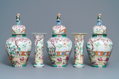 A Bayeux famille rose-style five-piece chinoiserie garniture, France, 19th C.