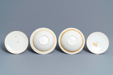 A pair of large Chinese famille rose tripod warming bowls and covers, 19/20th C.