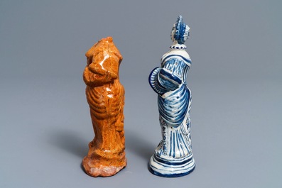 A Frisian Delftware blue and white model of a lady and an earthenware fragment, Harlingen, ca. 1775