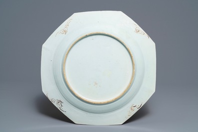 A large octagonal Chinese famille rose charger with a goose, Yongzheng/Qianlong