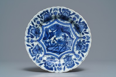 A Chinese blue and white bowl and a kraak porcelain 'deer' plate, Wanli