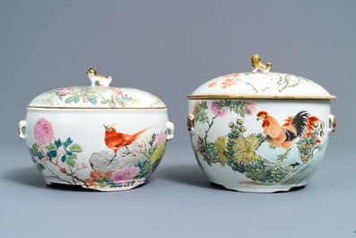 Two Chinese qianjiang cai covered bowls with birds, 19/20th C.