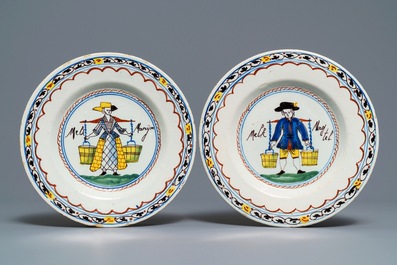 A pair of polychrome Dutch Delft 'Milkmaid' plates and a blue and manganese plaque, 18th C.