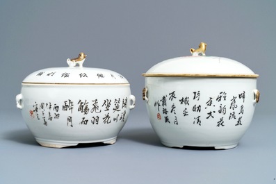 Two Chinese qianjiang cai covered bowls with birds, 19/20th C.