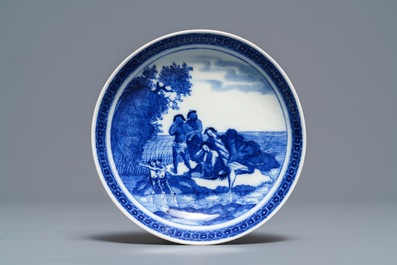 A Chinese blue and white 'soft paste' cup and saucer with an unusual scene with slaves, Qianlong