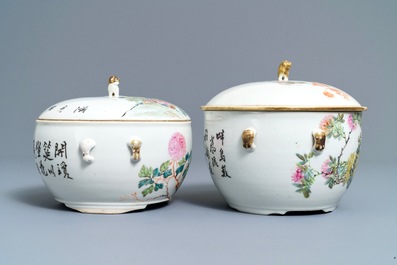 Two Chinese qianjiang cai covered bowls with birds, 19/20th C.