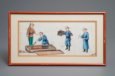 Twelve Chinese framed 'punishment' rice paper paintings, Canton, 19th C.