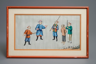 Twelve Chinese framed 'punishment' rice paper paintings, Canton, 19th C.