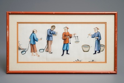 Twelve Chinese framed 'punishment' rice paper paintings, Canton, 19th C.