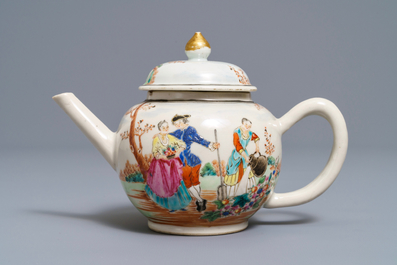 A fine Chinese famille rose 'European subject' teapot and cover, Qianlong