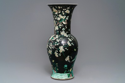 Two tall Chinese famille noire yenyen vases, Chenghua and Kangxi mark, 19/20th C.