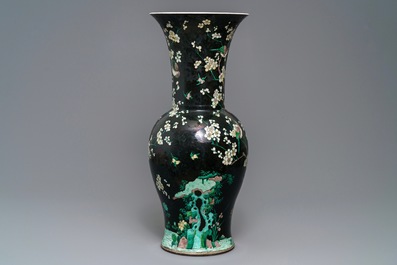Two tall Chinese famille noire yenyen vases, Chenghua and Kangxi mark, 19/20th C.