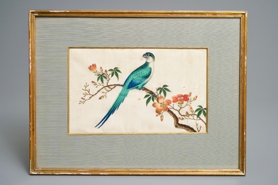 Ten Chinese framed rice paper paintings with mostly butterflies and birds, Canton, 19th C.