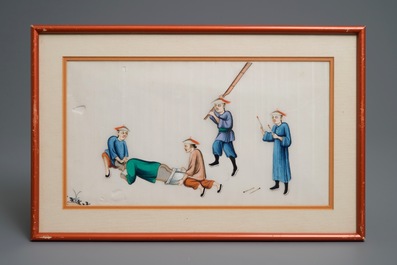 Twelve Chinese framed 'punishment' rice paper paintings, Canton, 19th C.