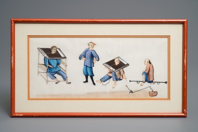 Twelve Chinese framed 'punishment' rice paper paintings, Canton, 19th C.