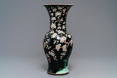 Two tall Chinese famille noire yenyen vases, Chenghua and Kangxi mark, 19/20th C.