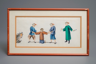 Twelve Chinese framed 'punishment' rice paper paintings, Canton, 19th C.