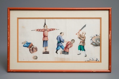 Twelve Chinese framed 'punishment' rice paper paintings, Canton, 19th C.
