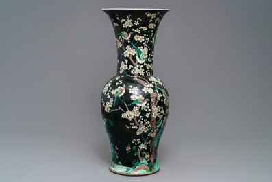 Two tall Chinese famille noire yenyen vases, Chenghua and Kangxi mark, 19/20th C.