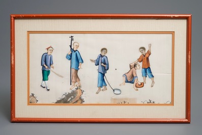 Twelve Chinese framed 'punishment' rice paper paintings, Canton, 19th C.