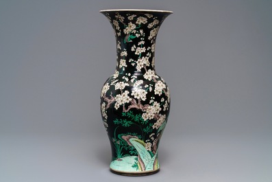 Two tall Chinese famille noire yenyen vases, Chenghua and Kangxi mark, 19/20th C.